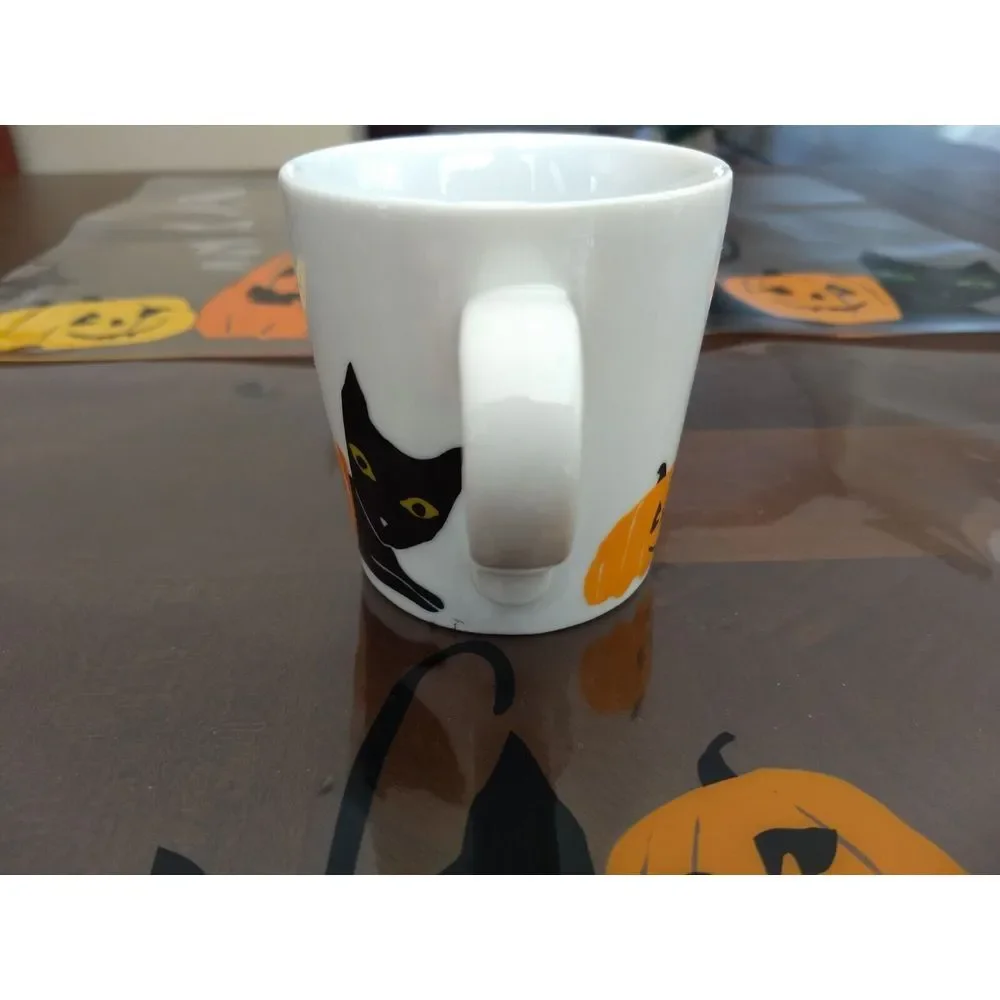 HALLOWEEN Crate & Barrel Black Cat‎ Jack-O-Lantern Coffee Mugs Matching Mats 4Pc